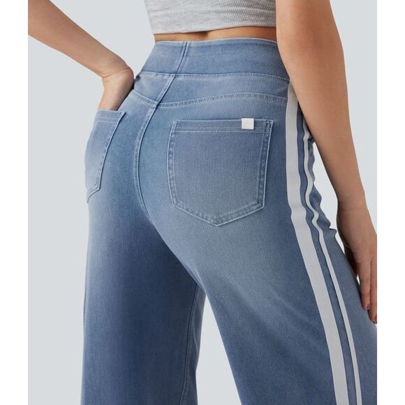 Halara Stretchy High Waisted Wide Leg Stripe Jeans Lightweight Powder Blue S NWT - Picture 5 of 15